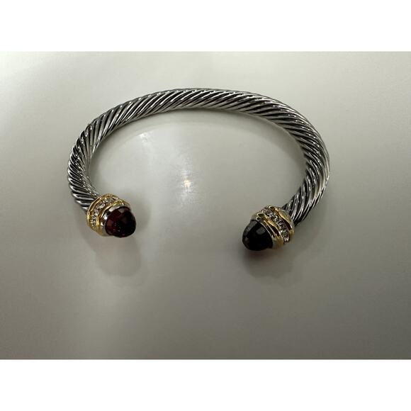 Ladies cuff cable bangle bracelet stackable red stones with crystals at ends New - Picture 3 of 10